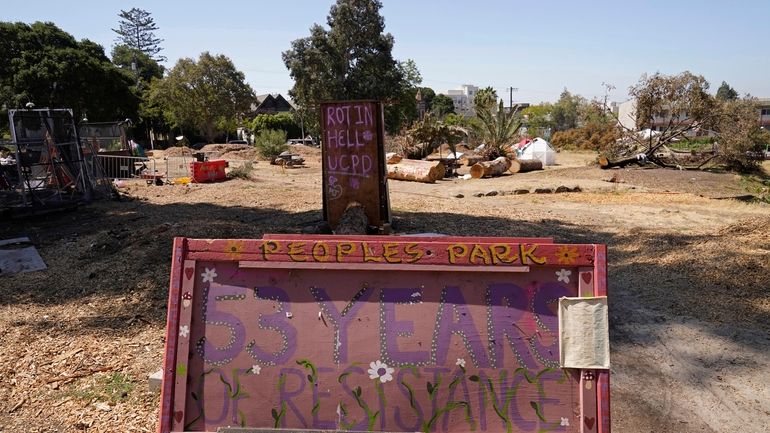 A sign marks 53 years of resistance at People's Park...