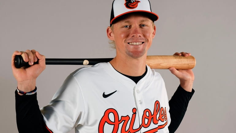 Kyle Stowers of the Baltimore Orioles baseball team posed in...