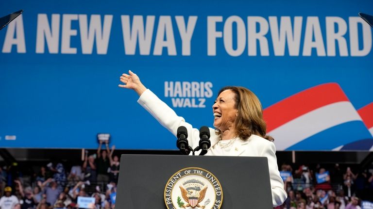 Democratic presidential nominee Vice President Kamala Harris speaks at a...