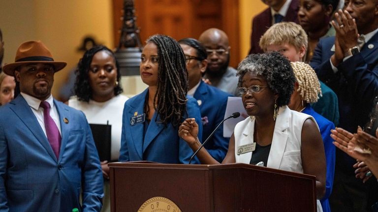 Georgia state Rep. Jasmine Clark, D-Lilburn delivers remarks at a...