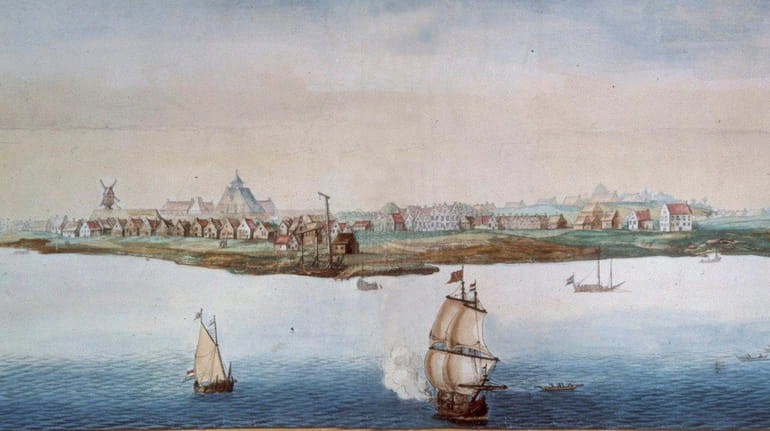 A watercolor made before 1664 shows New Amsterdam on the...