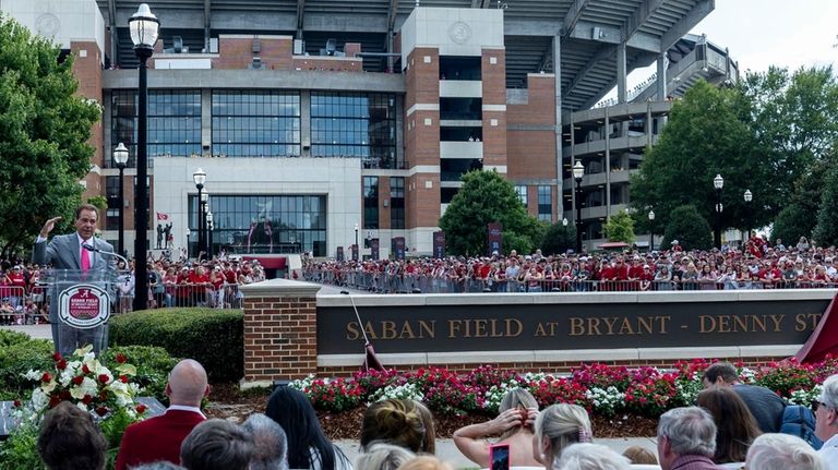 Former Alabama football head coach Nick Saban speaks as the...