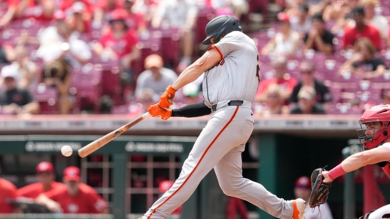 San Francisco Giants' Matt Chapman hits a single during the...