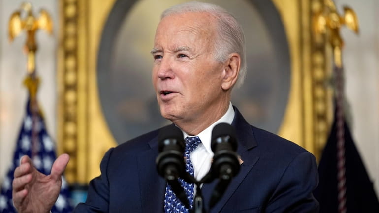 President Joe Biden speaks in the Diplomatic Reception Room of...