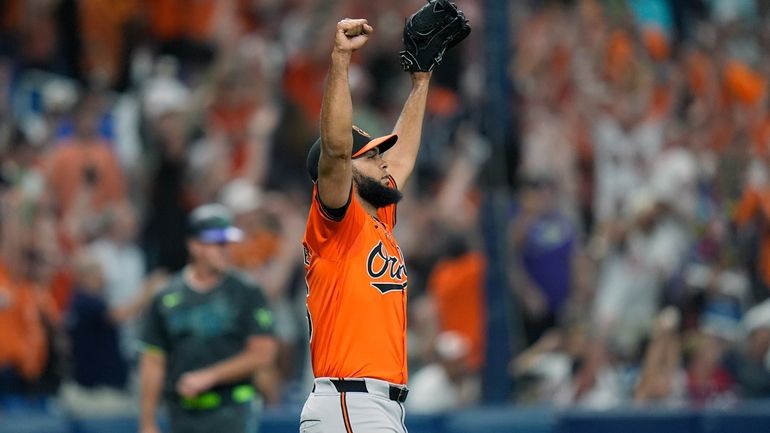 Baltimore Orioles relief pitcher Seranthony Dominguez reacts after Tampa Bay...