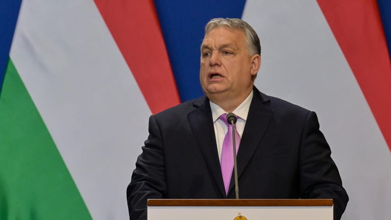 Hungarian Prime Minister Viktor Orban speaks during a press conference...