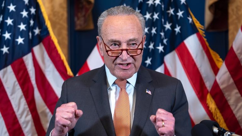 Senate Majority Leader Chuck Schumer, D-N.Y., speaks on Capitol Hill...