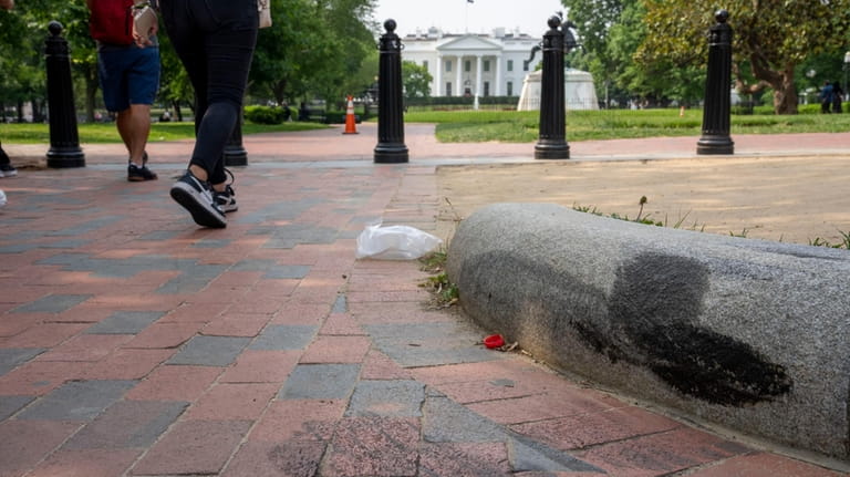 Tire marks remain on a curb in Lafayette Square park...