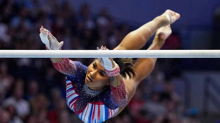 Jordan Chiles competes on the uneven bars at the United...