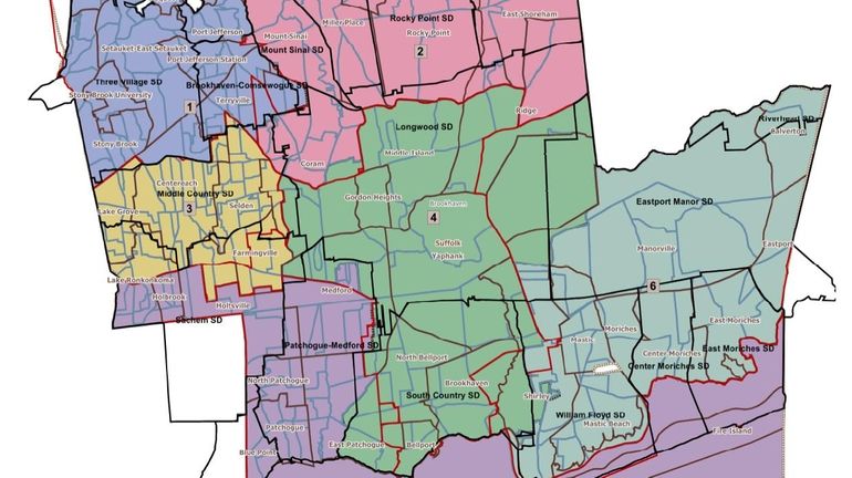 A map of proposed changes to the Brookhaven Council districts....