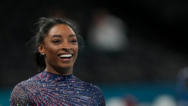 Simone Biles, of the United States, attends a gymnastics training...