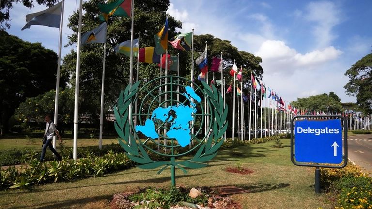 A person walks near flags at the United Nations Environment...