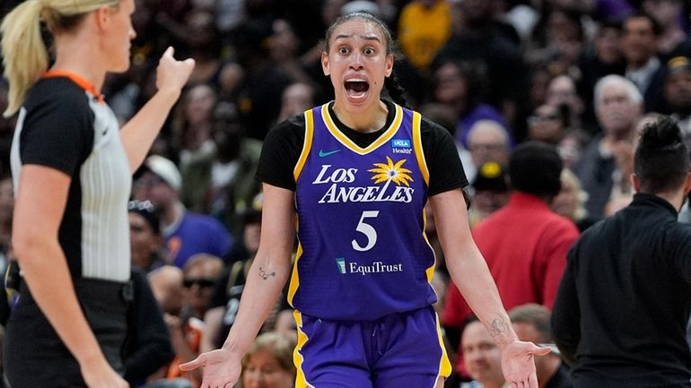 Los Angeles Sparks forward Dearica Hamby reacts during the second...