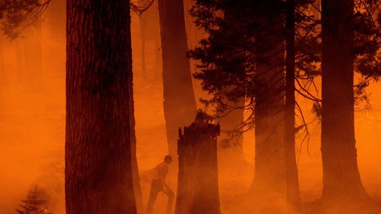 A firefighter walks through haze as the Park Fire burns...