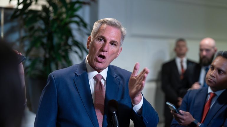 Speaker of the House Kevin McCarthy, R-Calif., talks to reporters...