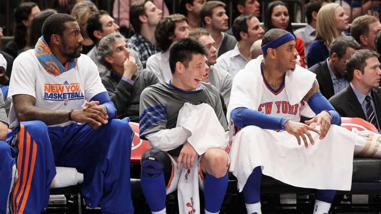 Amare Stoudemire #1, Jeremy Lin #17 and Carmelo Anthony #7...