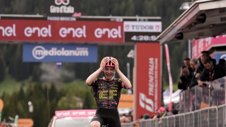 Georg Steinhauser reacts as he wins the 17th stage of...