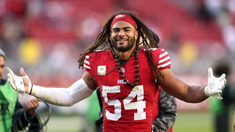 San Francisco 49ers' Fred Warner celebrates after Niners' 27-14 win...