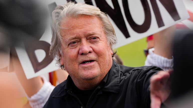 Steve Bannon speaks outside Danbury Federal Correctional Institution, July 1,...