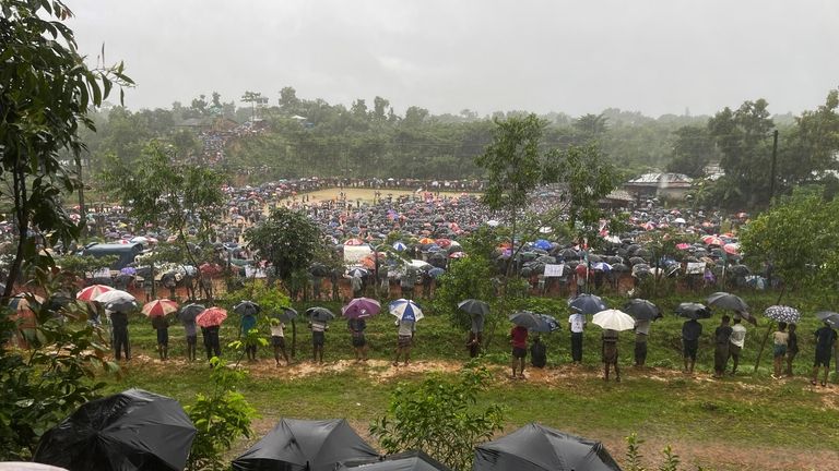 Hundreds of Rohingyas gather in the rain to demand safe...