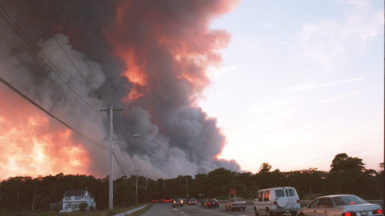 Smoke and flames seen from Montauk Highway looking toward Westhampton...