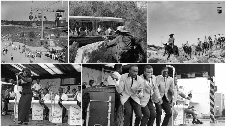 Scenes from Freedomland U.S.A., clockwise from top left: A cable car passes...