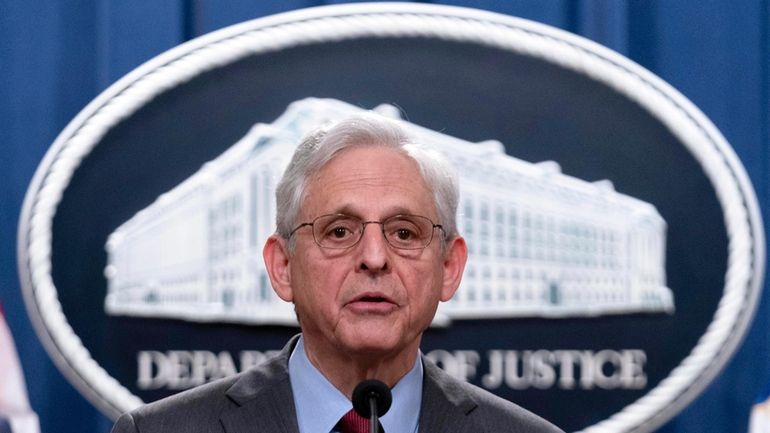 Attorney General Merrick Garland speaks during a news conference at...