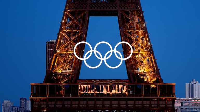 The Eiffel Tower with the Olympics rings in view on...