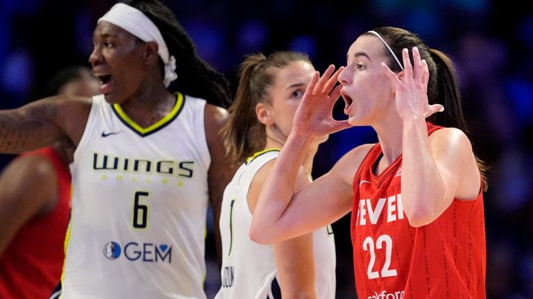 Indiana Fever's Caitlin Clark (22) and Dallas Wings' Natasha Howard...