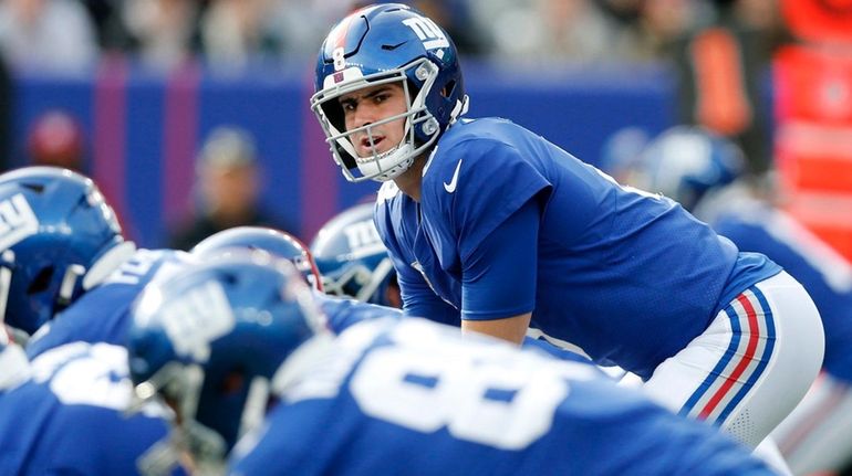 Daniel Jones of the Giants prepares for the snap at MetLife Stadium...