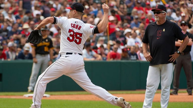 Cleveland Guardians starter Alex Cobb (35) throws a practice pitch...