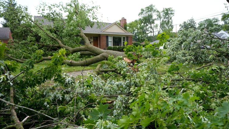 Tree limbs and branches remain on a yard, Friday, June...