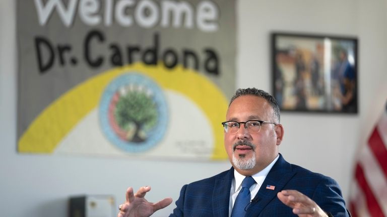 Education Secretary Miguel Cardona speaks during an interview with The...