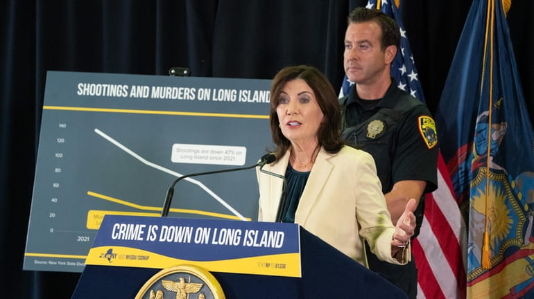 Gov. Kathy Hochul appears at a news conference in Glen Cove...