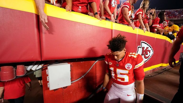 Kansas City Chiefs quarterback Patrick Mahomes heads to the locker...