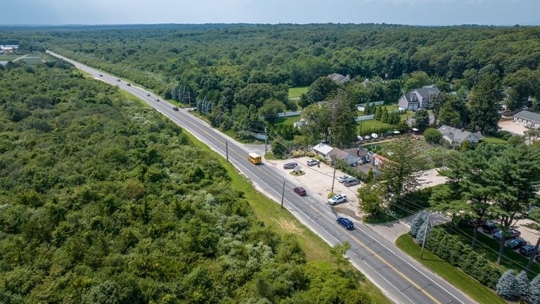 A view from above shows Pulaski Road in Huntington, with...