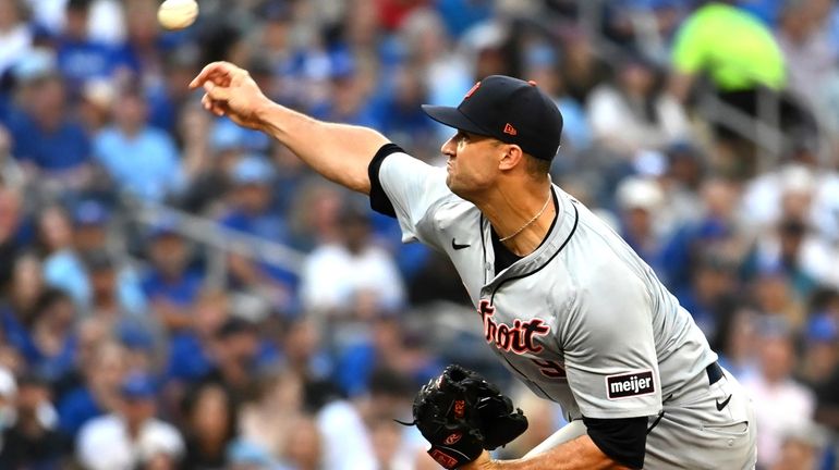 Detroit Tigers starting pitcher Jack Flaherty throws to a Toronto...