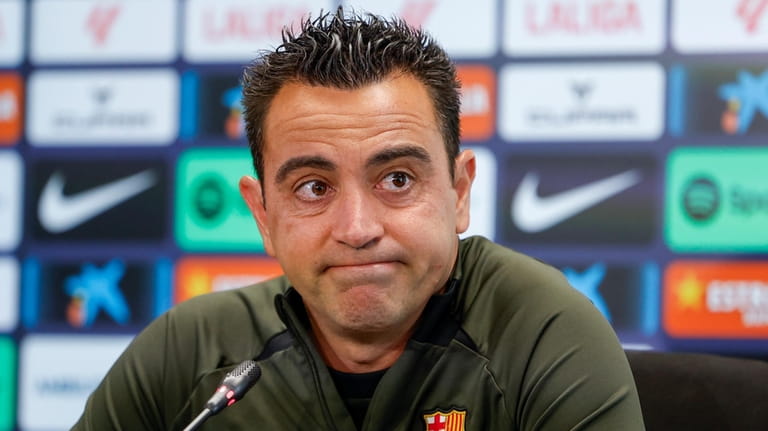 Barcelona's head coach Xavi Hernandez attends a press conference in...