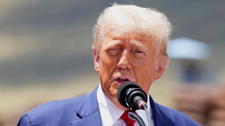 Republican presidential nominee former President Donald Trump speaks along the...