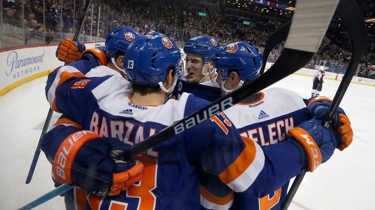 Josh Bailey of the New York Islanders celebrates his third-period...