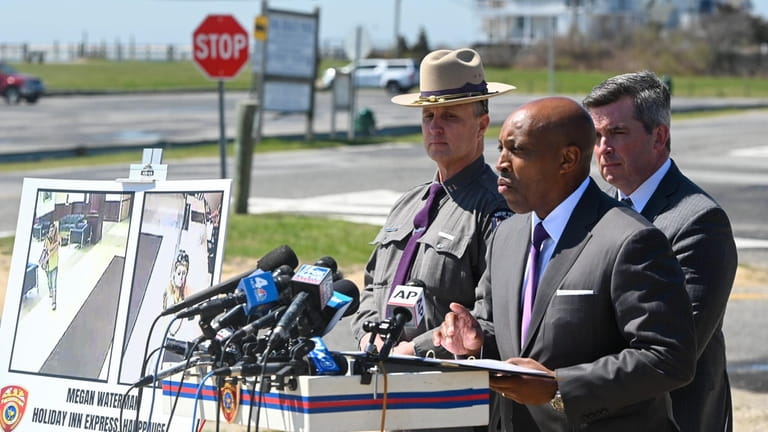 Suffolk County Police Commissioner Rodney Harrison speaks during an April...