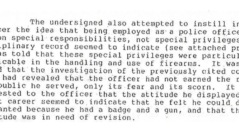 A section from Internal Affairs Bureau Records for an officer...