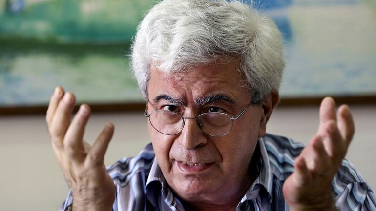 Lebanese prominent writer and intellectual Elias Khoury speaks during an...