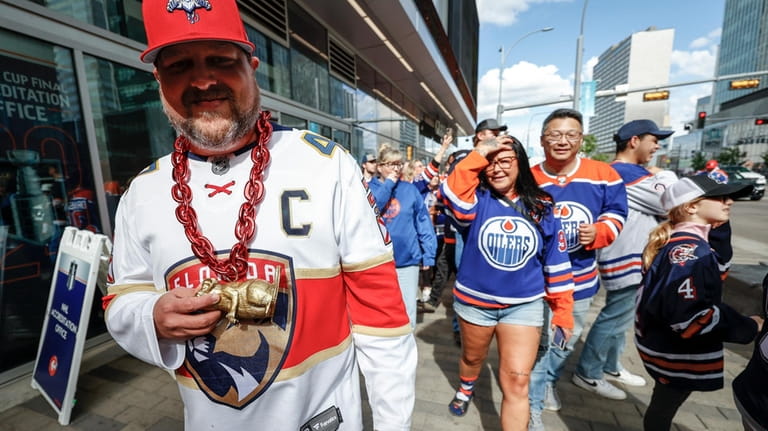A Florida Panthers fan arrives for Game 4 of the...