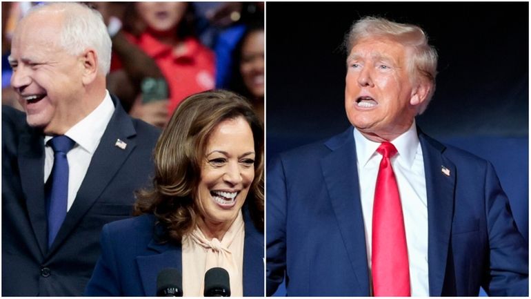 Left, Vice President Kamala Harris and Minnesota Gov. Tim Walz campaign...