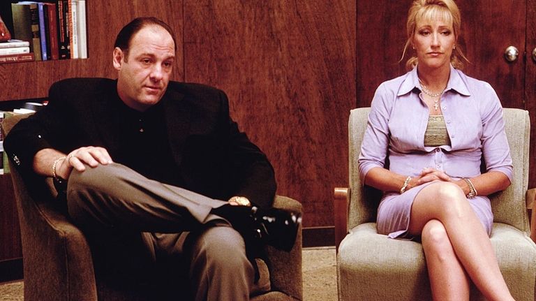 James Gandolfini as Tony Soprano and Edie Falco as Carmela...