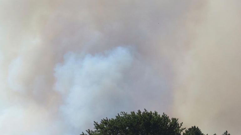 Large plumes of smoke rise from a forest fire in...