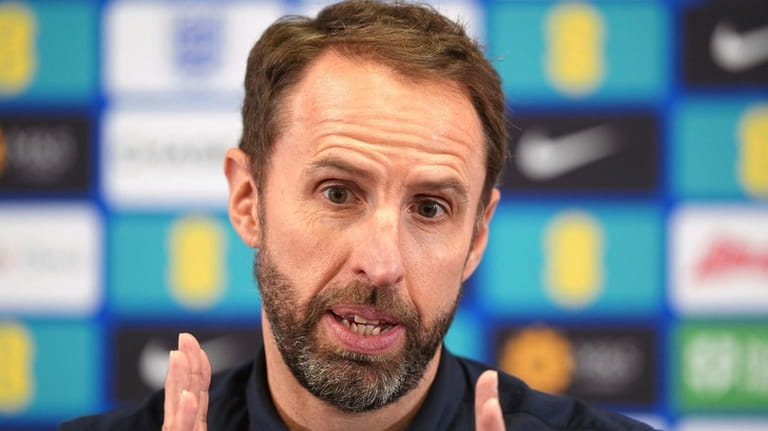 England manager Gareth Southgate speaks during a press conference at...