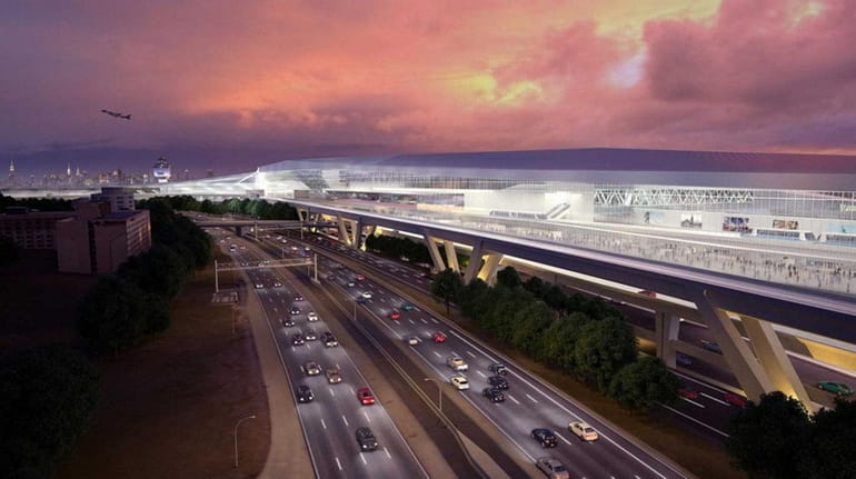 A rendering of LaGuardia Airport featuring an AirTrain.
