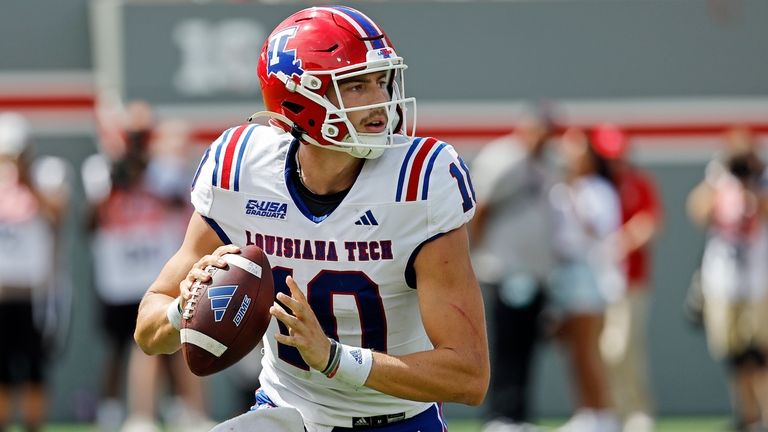 Louisiana Tech quarterback Jack Turner (10) looks to throws a...